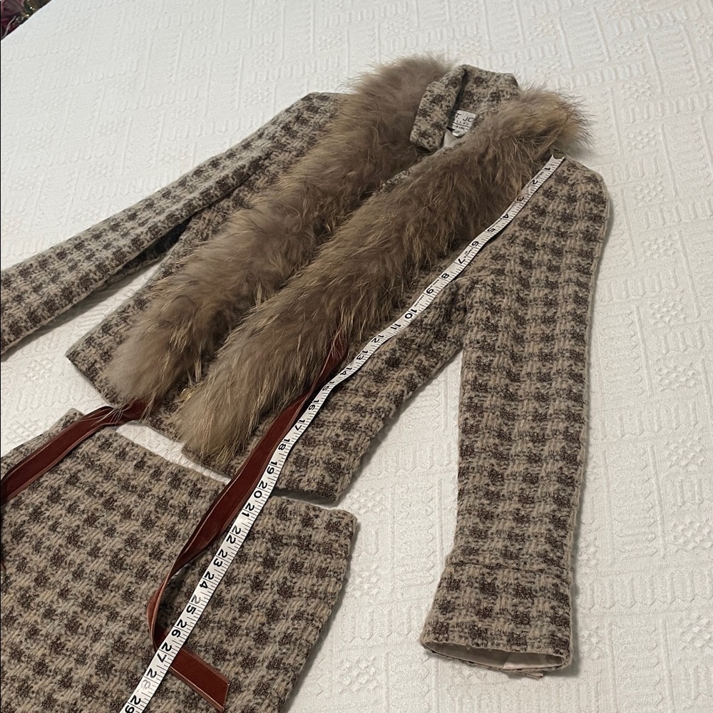ST. JOHN fox fur Houndstooth knit wool Skirt suit set jacket silk lined - Picture 4 of 17